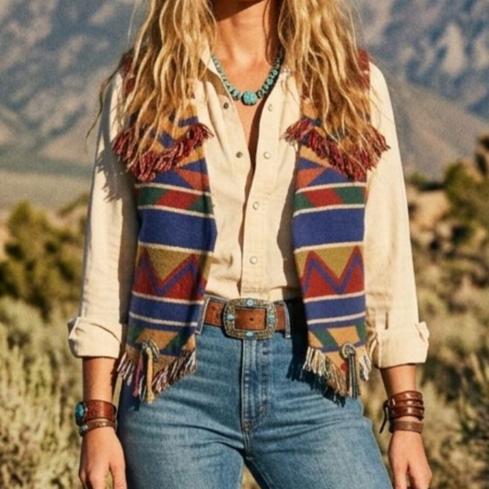 E. Clair Designs Vintage Western 70s Aztec Southwestern Print Blanket Vest LG
